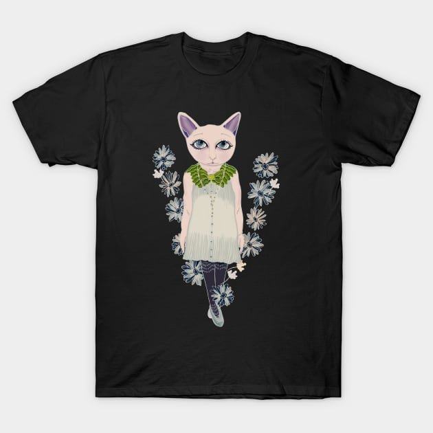 V Cat Girl T-Shirt by minniemorrisart